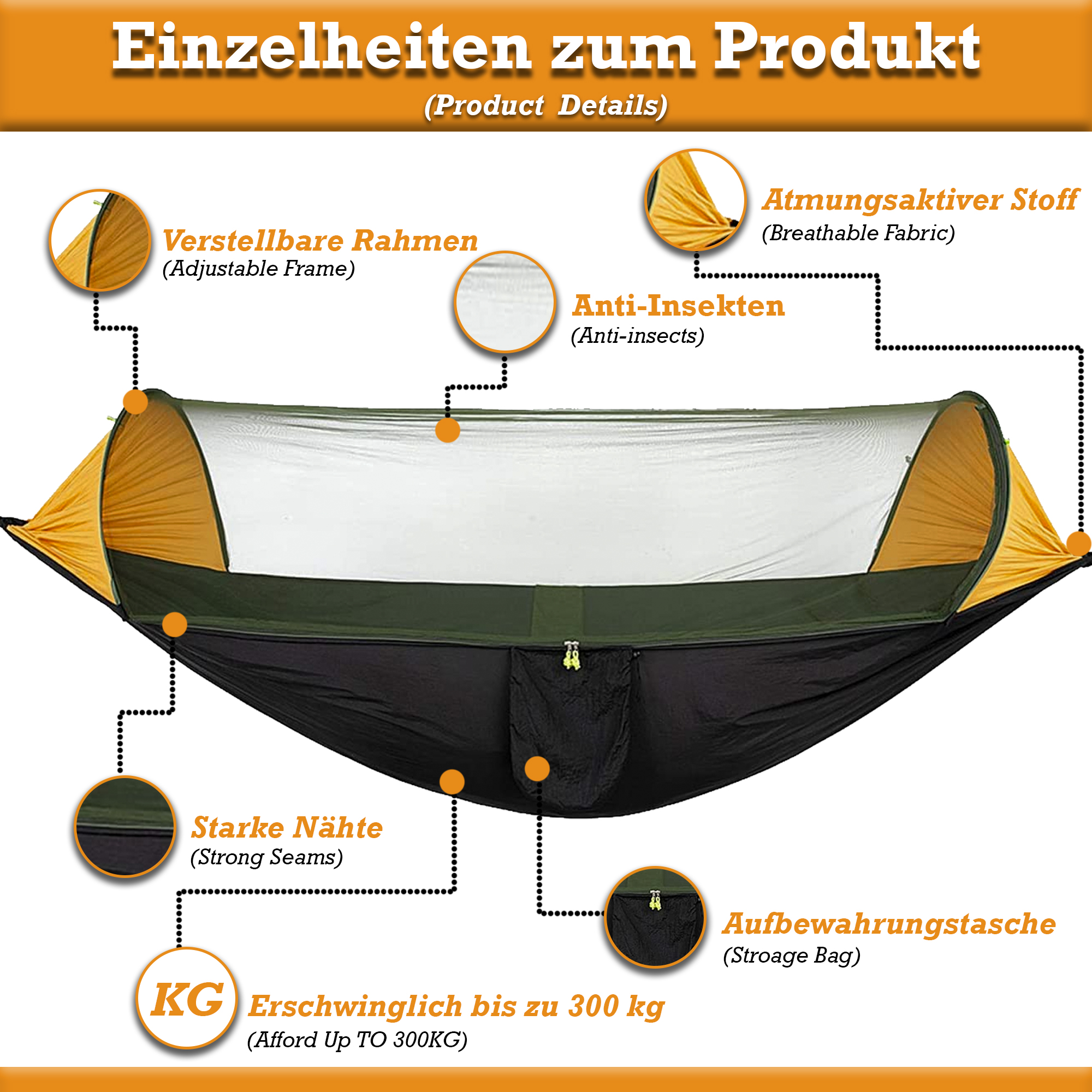 Hängematte mit Moskito Schaukel Atmungsaktiv Fallschirm für 2 Pers XXL Gr.: 250x120cm DF-HM-03