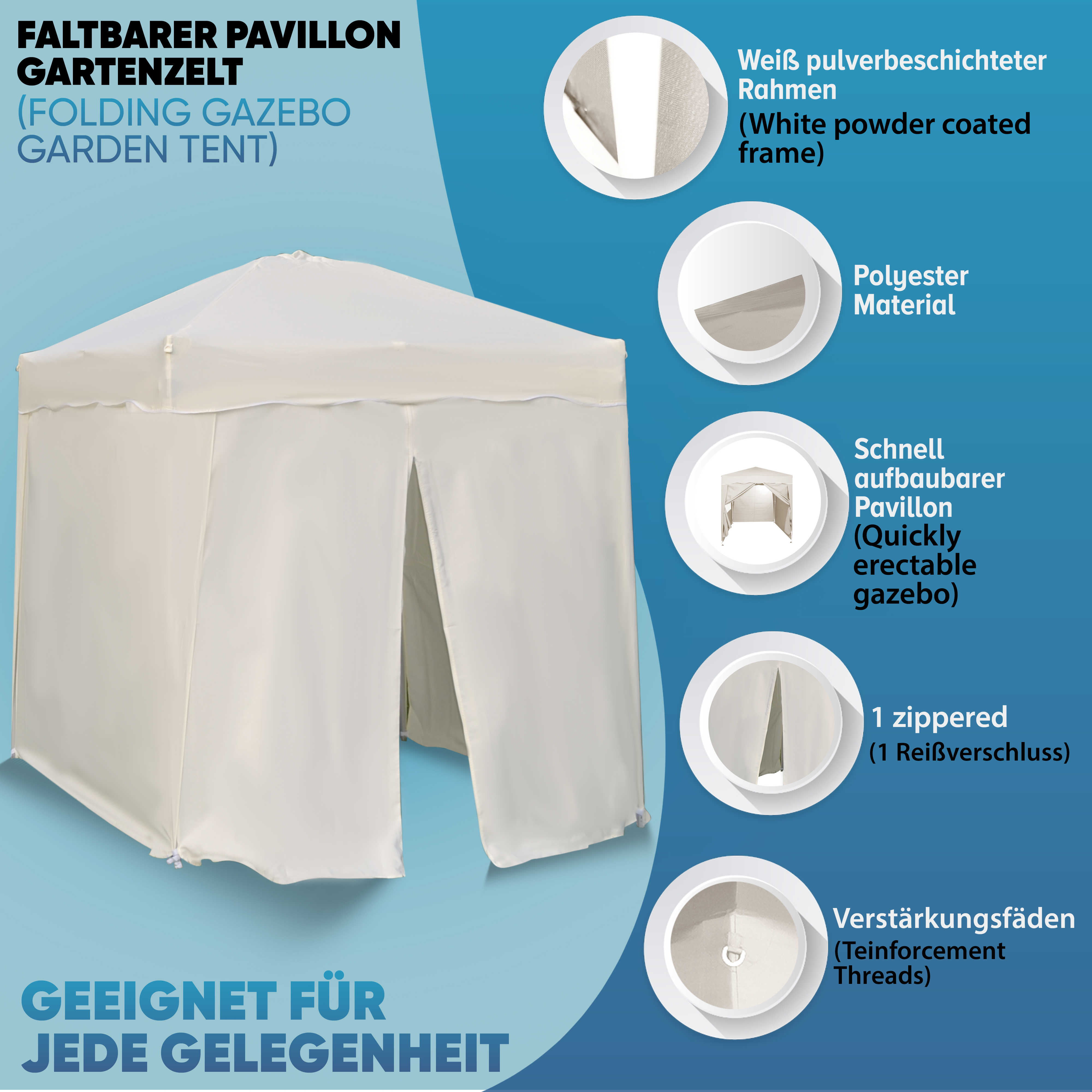 Faltpavillon 2x2m Klappzelt Gartenzelt Faltbar 100% Wasserdicht Inkl 4-Seitenteile WEISS