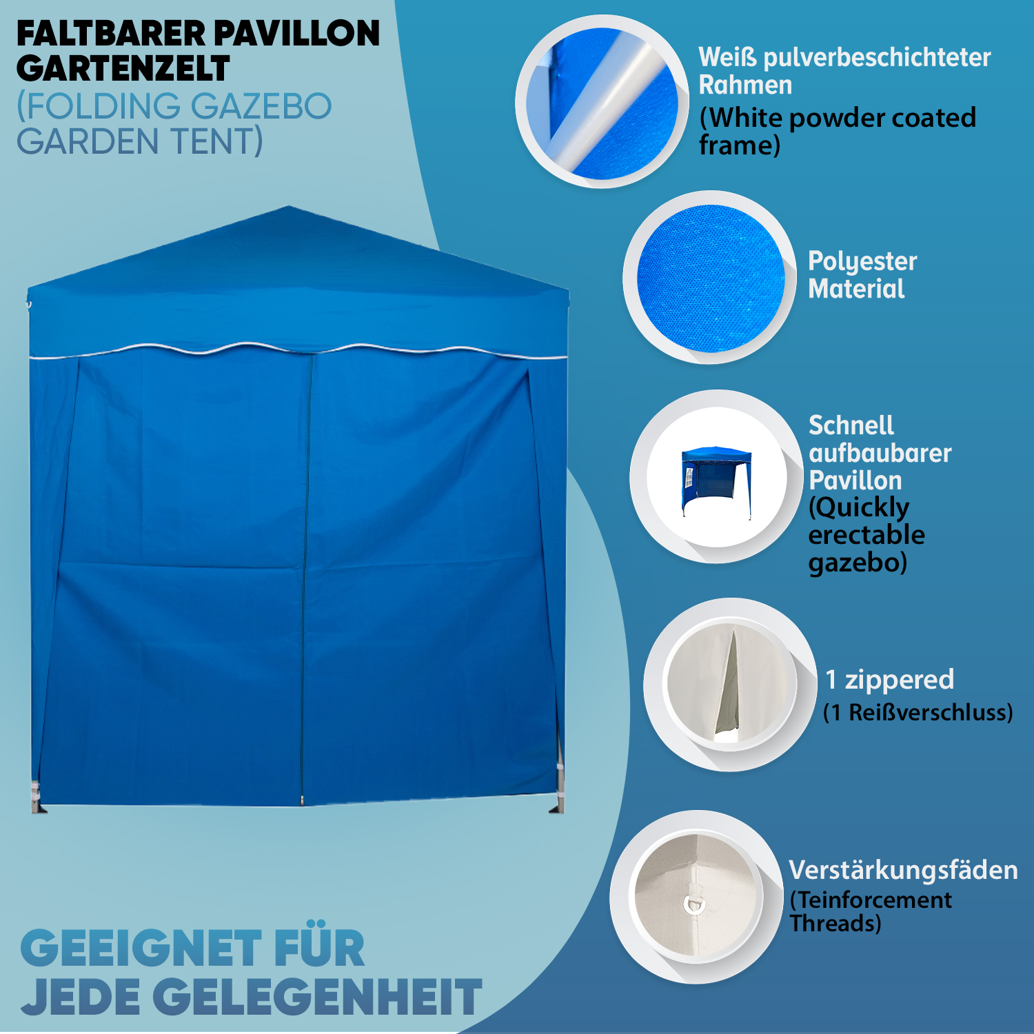 Faltpavillon 2x2m Klappzelt Gartenzelt Popup 100% Polyester-Wasserdicht  Inkl. 4-Seitenteile BLAU