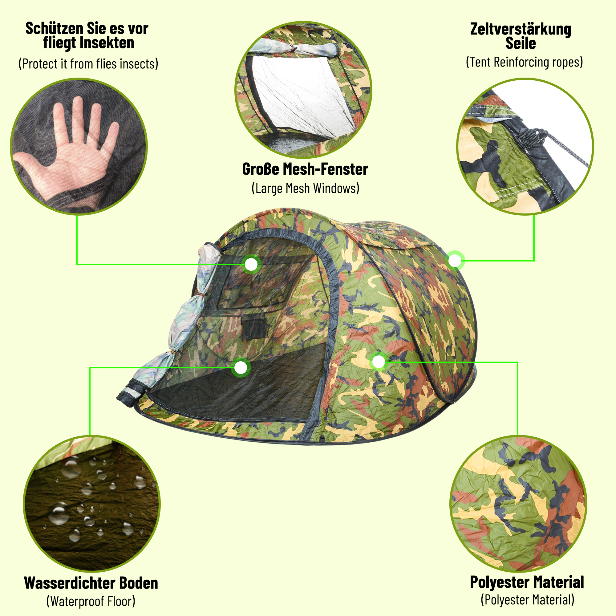 Wurfzelt Sekundenzelt 2-3 Person Outdoor Campingzelt Tent Pop Up 245x145x110cm Camouflage